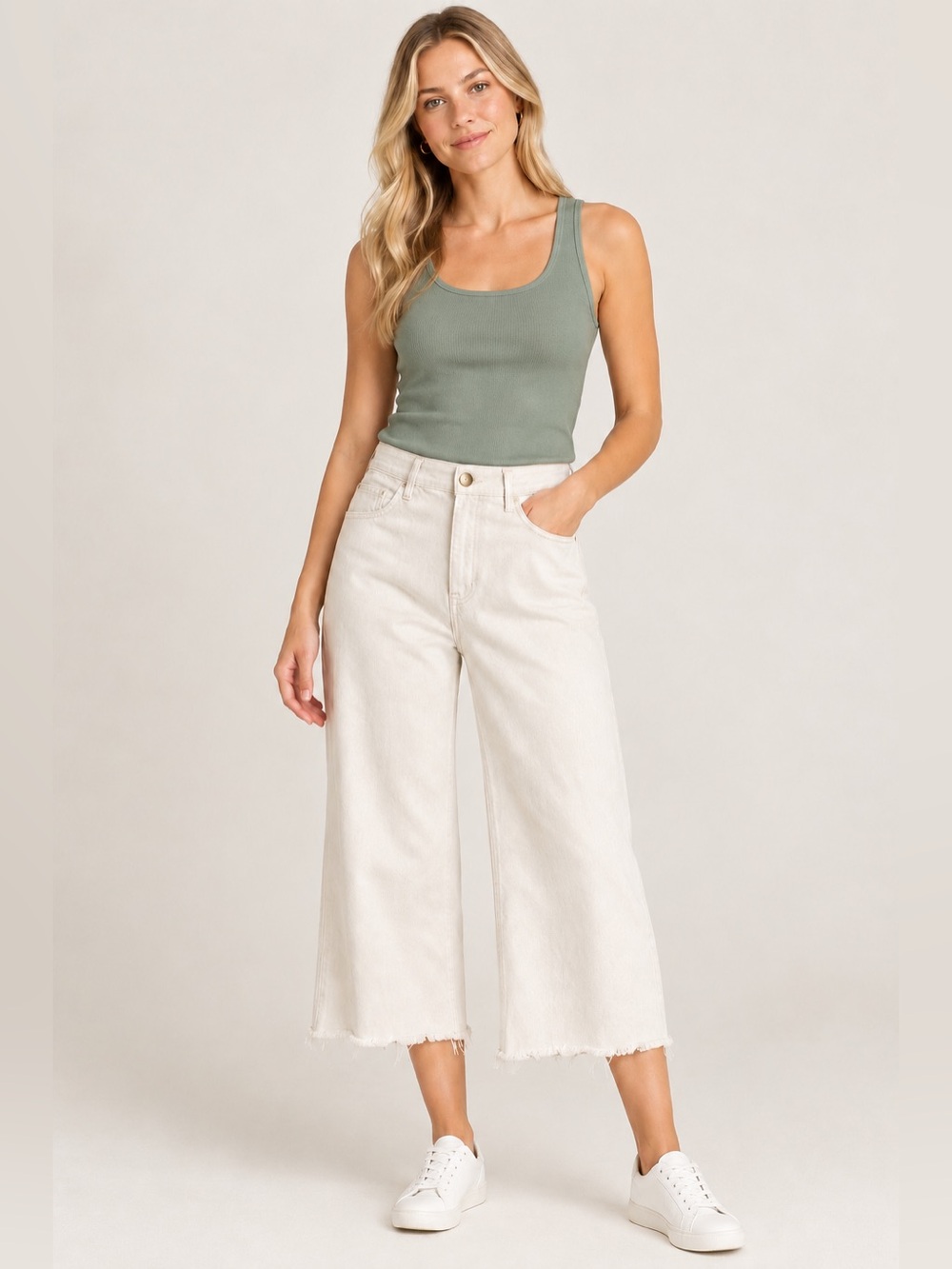 Dex Cream Wide-Leg Cropped Frayed Hem Jeans Size 30